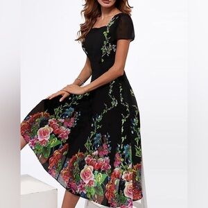 Tendency NEW Black Multi Rose Floral Print Dress Size L